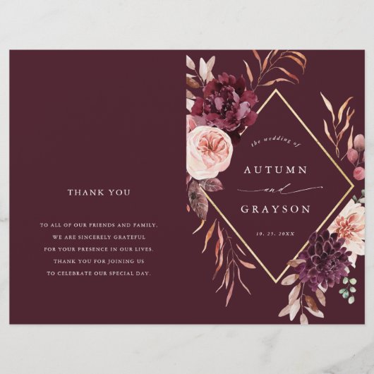 Burgund Herbst Romance Gold Frame Wedding Programm (Vorderseite)