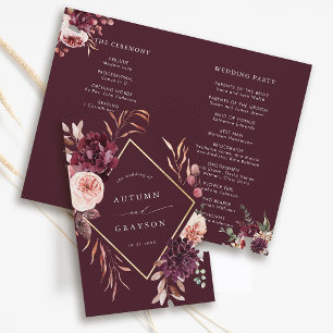 Burgund Herbst Romance Gold Frame Wedding Programm