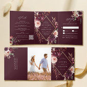 Burgund Herbstromanik Wasserfarbenblütenhochzeit Dreifach Gefaltete Einladung