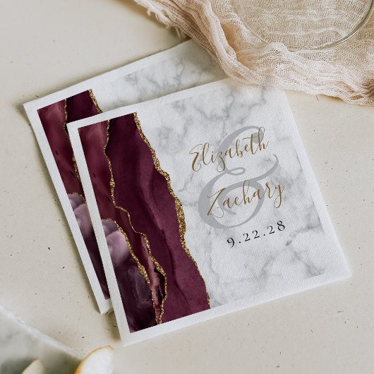 Burgund Hochzeit - Achatmarmor Goldschrift Serviette
