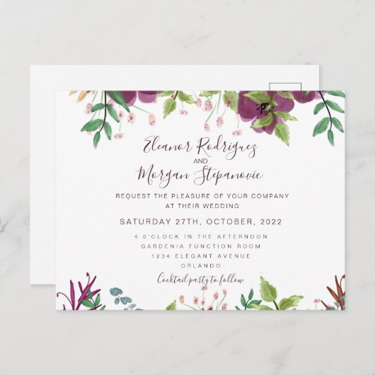 Burgund Hochzeit Blumenschrift Einladung Postkarte (Vorne/Hinten)