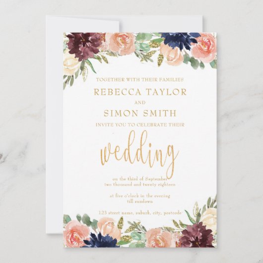 Burgund-Hochzeit im Herbst Einladung (Vorderseite)