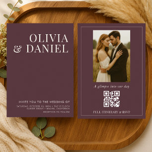 Burgund Hochzeit mit minimalistischer Foto-QR-Code Einladung