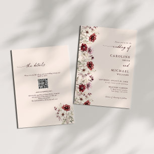 Burgund Hochzeit mit Wildblumen-QR-Code  Einladung
