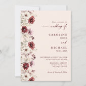Burgund Hochzeit mit Wildblumen-QR-Code  Einladung (Vorderseite)