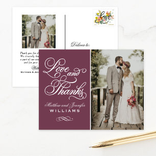 Burgund Hochzeitfoto mit Liebe und Dank Postkarte