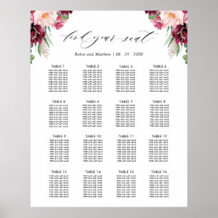 Burgund Hochzeitsempfang 16 Seatekartenzeichen Poster