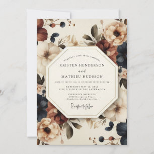 Burgund Indigo Artful Bloom Hochzeit Einladung