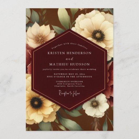 Burgund Ivory Bloom Hochzeit Einladung (Vorderseite)