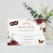 Burgund Ivory Floral Quinceñera Butterfells Maske RSVP Karte (Stehend Vorderseite)