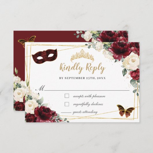 Burgund Ivory Floral Quinceñera Butterfells Maske RSVP Karte (Vorne/Hinten)