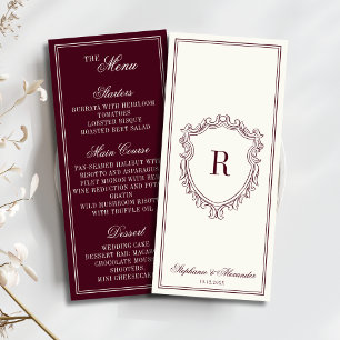 Burgund Ivory Monogramm Wappen Hochzeit im Stil de Menükarte