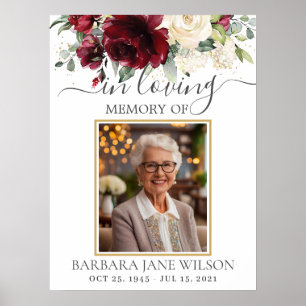 Burgund Ivory Weiß Floral Foto Trauer Gedenkfeier Poster