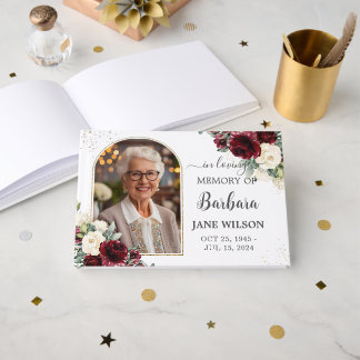 Burgund Ivory White Floral Memorial Beerdigung Fot Gästebuch