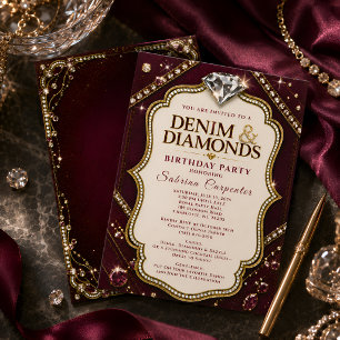 Burgund Jeans & Diamanten Geburtstagsfeier Elegant Einladung