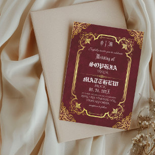 Burgund Königlich Mittelalterliche Gold Hochzeit Einladung