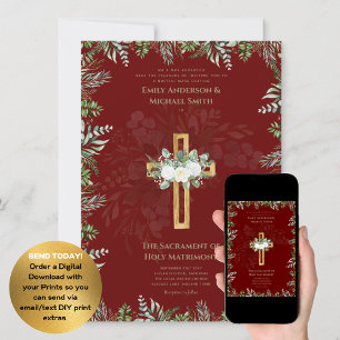 Burgund-Kreuzkatholische Hochzeit der Hochzeit der Einladung