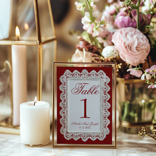 Burgund-Lace-Doily Old Money Hochzeit-Tischnummer Einladung