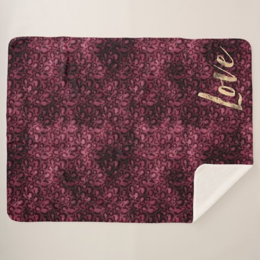 Burgund Leopard Print Gold Liebe Sherpadecke (Vorderseite (Horizontal))