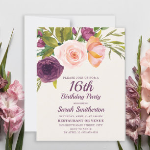 Burgund Lila Blush Pink Bloral 16. Geburtstag Karte