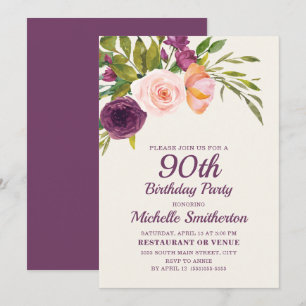 Burgund Lila Blush Pink Floral 90. Geburtstag Karte