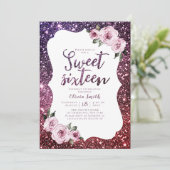 Burgund lila Glitzer blumensüß 16 Geburtstag Einladung (Stehend Vorderseite)