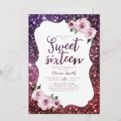 Burgund lila Glitzer blumensüß 16 Geburtstag Einladung (Vorne/Hinten)