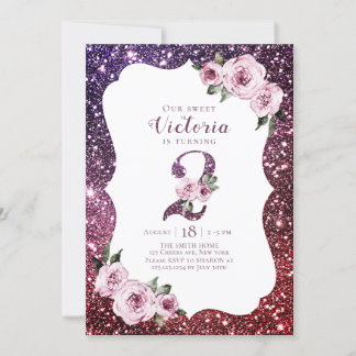 Burgund lila Glitzer und Blumengebäck 2. Geburtsta Einladung