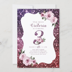 Burgund lila Glitzer und Blüten 3. Geburtstag Einladung