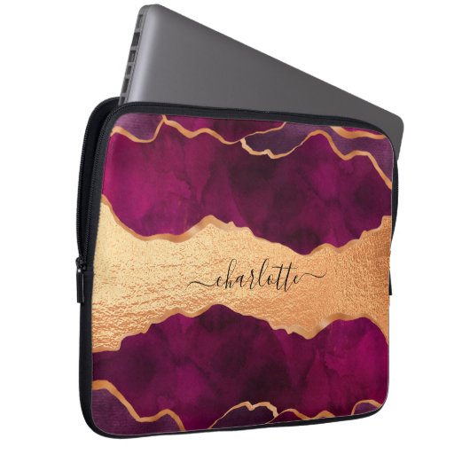Burgund lila Goldagate Marmor Rose Goldname Laptopschutzhülle (Vorne Rechts)