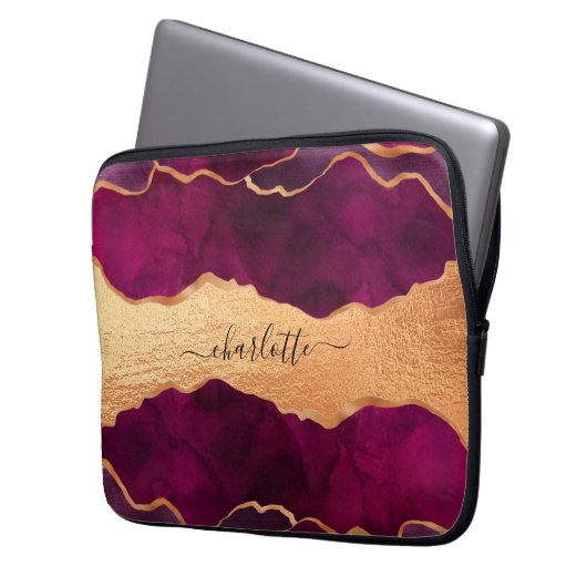 Burgund lila Goldagate Marmor Rose Goldname Laptopschutzhülle (Vorderseite Links)