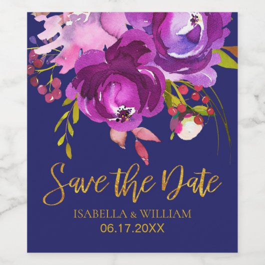Burgund Lila Red Gold Floral Save the Date Weinetikett (Einzelnes Label)
