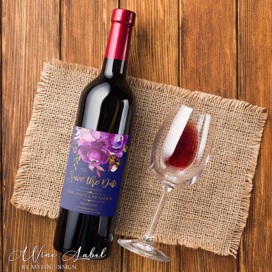 Burgund Lila Red Gold Floral Save the Date Weinetikett