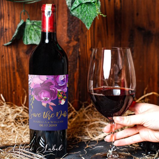 Burgund Lila Red Gold Floral Save the Date Weinetikett