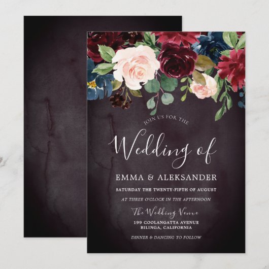 Burgund Lila Red Wine Blume Hochzeit Einladung (Vorne/Hinten)