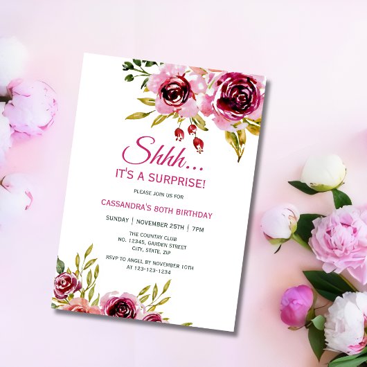 Burgund Lila Rose Blumenüberraschung Geburtstag Einladung