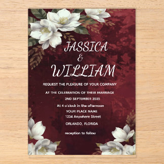 Burgund & Magnolie Garten Blumen Hochzeitseinladun Acryleinladungen