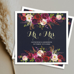 Burgund Marine Rustic Floral Mr. und Mrs. Wedding Serviette