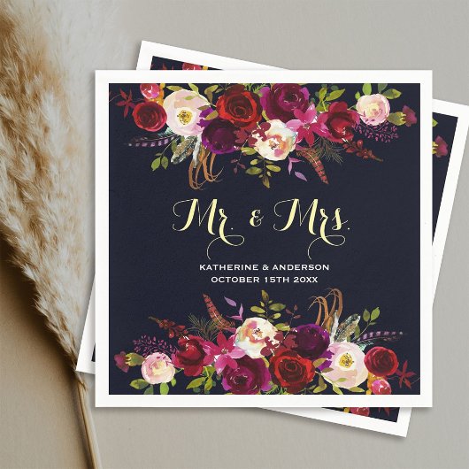 Burgund Marine Rustic Floral Mr. und Mrs. Wedding Serviette