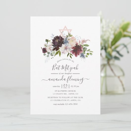 Burgund, Marine und Blush Bat Mitzvah Einladung (Stehend Vorderseite)