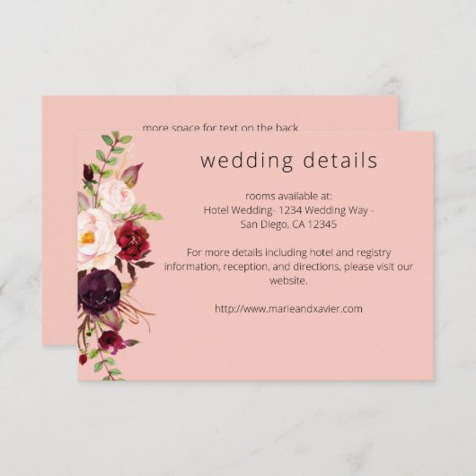 Burgund Marsala & Blush Blumendetails - Rosa 2 Begleitkarte (Vorne/Hinten)