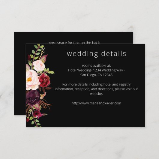 Burgund Marsala & Blush Blumendetails - Schwarz Begleitkarte (Vorne/Hinten)