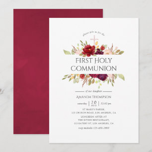 Burgund - Marsala & Blush Floral Erstkommunion Einladung