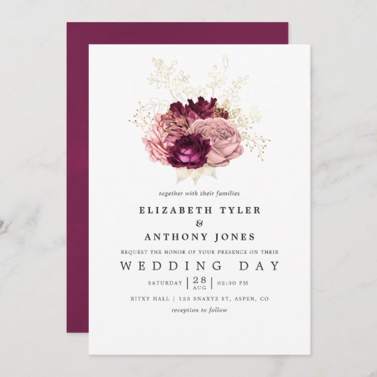 Burgund - Marsala Blush Pink and Gold Wedding Einladung (Vorne/Hinten)