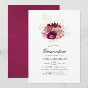 Burgund - Marsala Blush Pink und Gold Quinceñera Einladung