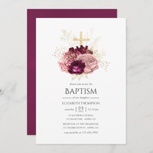 Burgund Marsala Blush Pink und Gold Taufe Einladung (Vorne/Hinten)