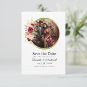 Burgund-Marsala, Blush und Gold-Floral Geometrie Save The Date (Stehend Vorderseite)