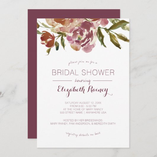 Burgund Marsala Fall Floral Brautparty Einladung (Vorne/Hinten)