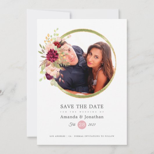 Burgund-Marsala-Hochzeit und Blush-Foto Save The Date (Vorderseite)