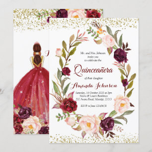 Burgund-Marsala-Prinzessin Quinceañera Spanisch Einladung